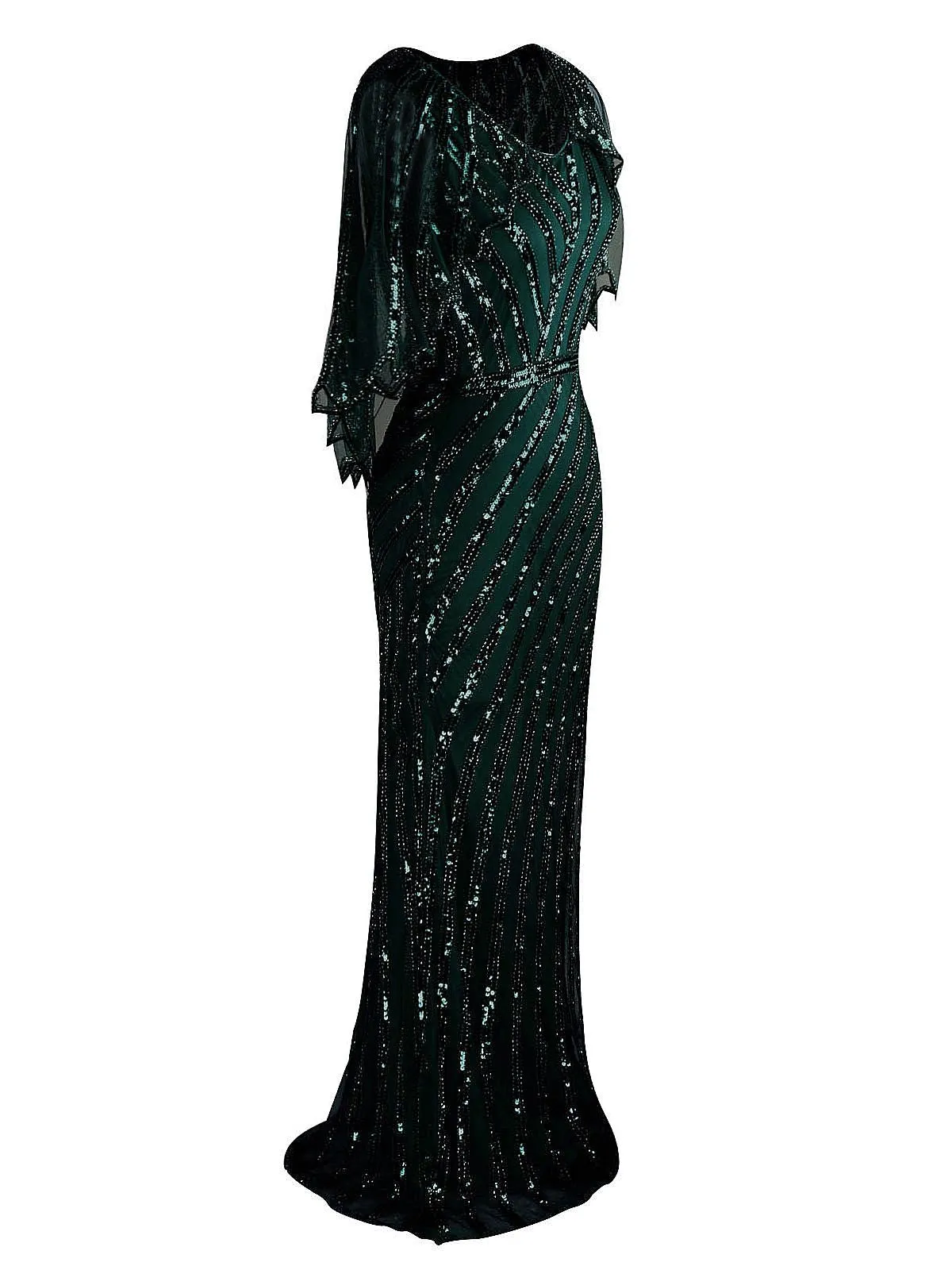 1920s Mesh Sequined Cape Maxi Dress