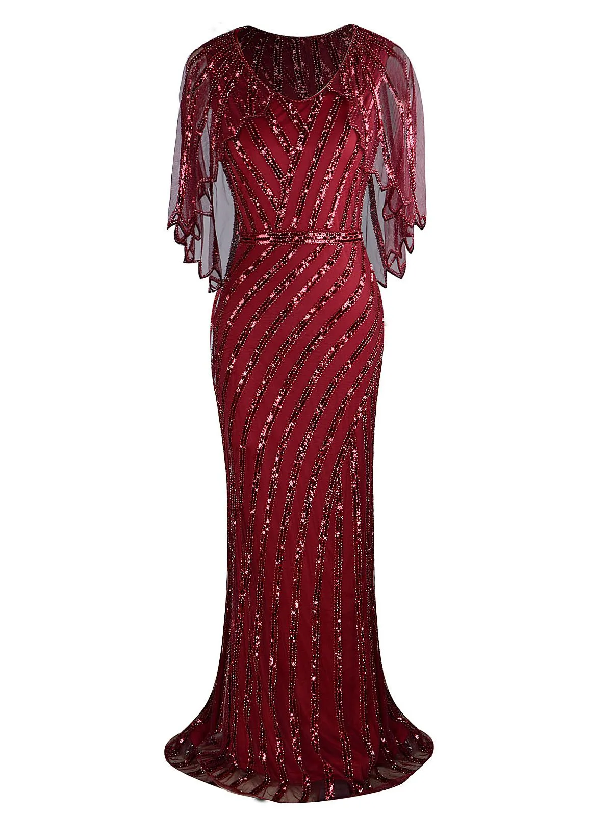 1920s Mesh Sequined Cape Maxi Dress