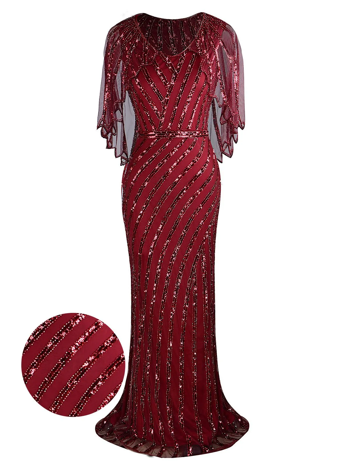 1920s Mesh Sequined Cape Maxi Dress