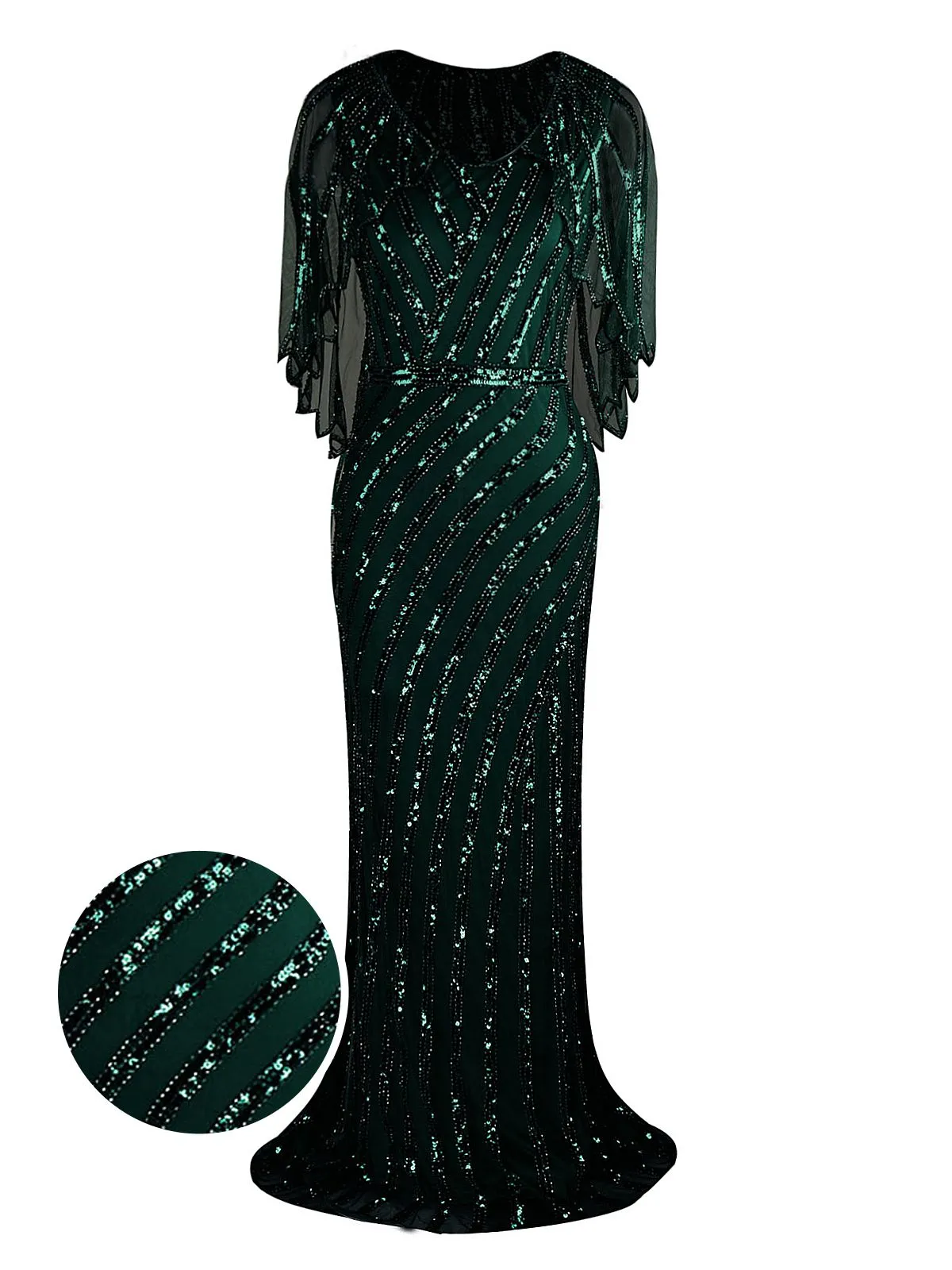 1920s Mesh Sequined Cape Maxi Dress