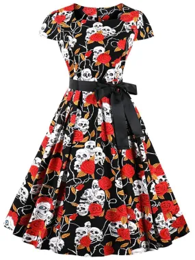 1950s Skull Rose Belted Swing Dress