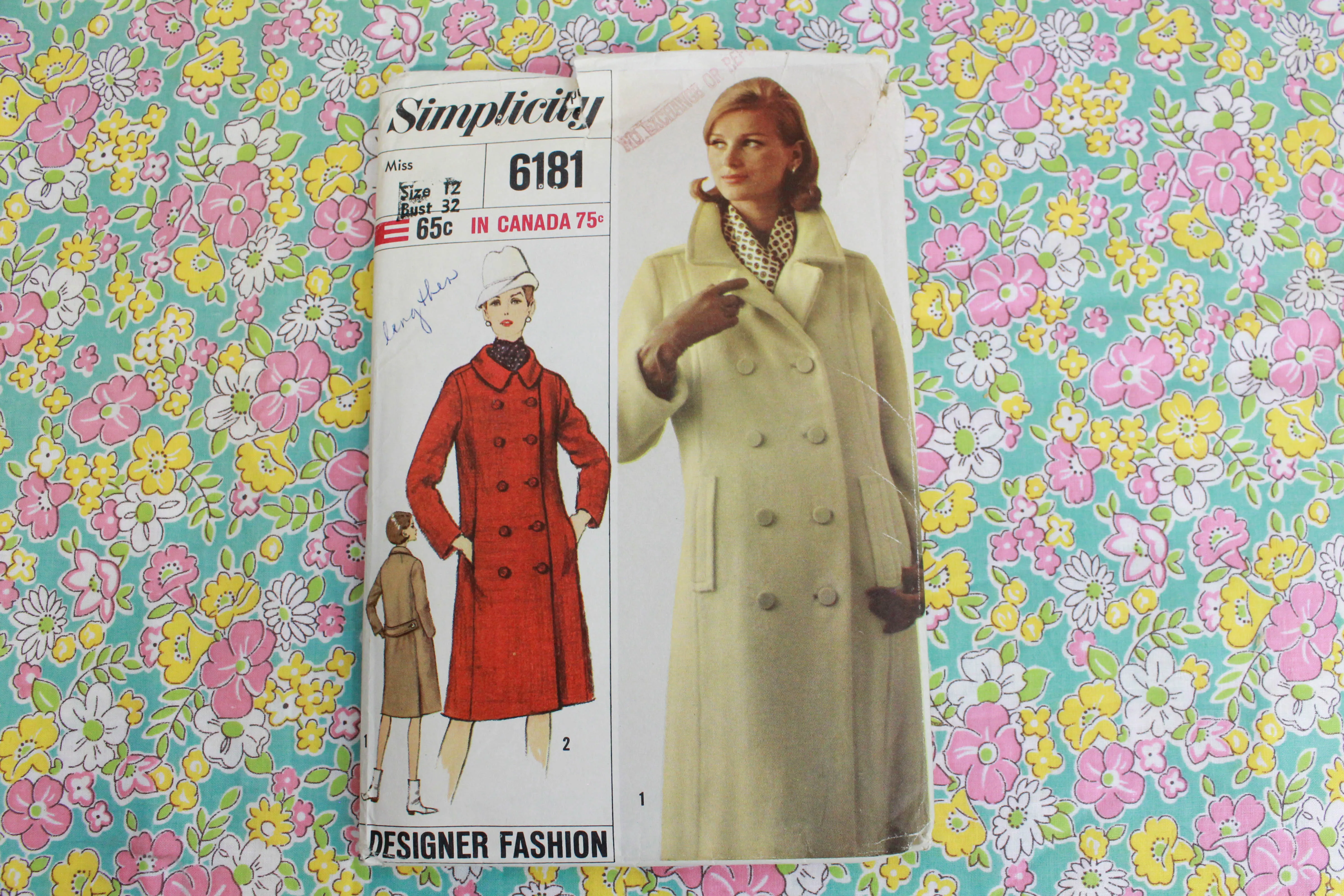 1960s Womens Coat Sewing Pattern Simplicity 6181, Complete, Double Breasted, Bust 32"