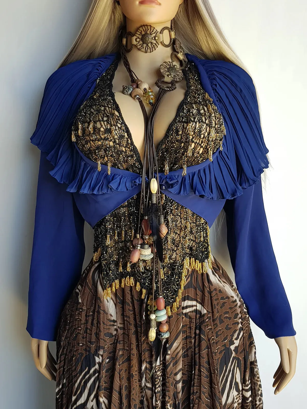 1970s Wild Pleated Collar Cropped Cape / Jacket - Oversized Gorgeous Flouncy Collar - Rich Blue Tone - Button Closure at Front