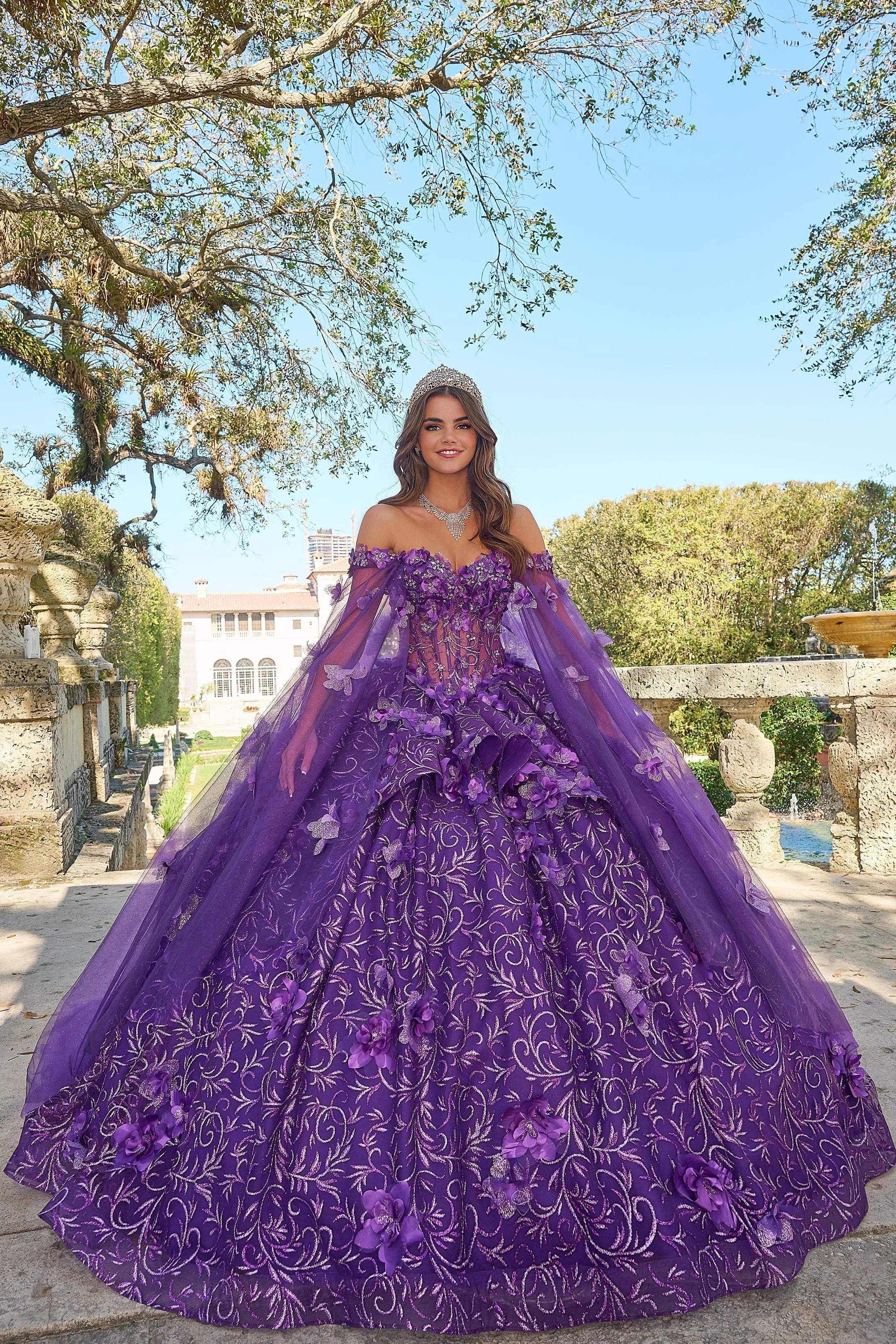 3D Floral Cape Sleeve Quinceanera Dress by Amarra 54216