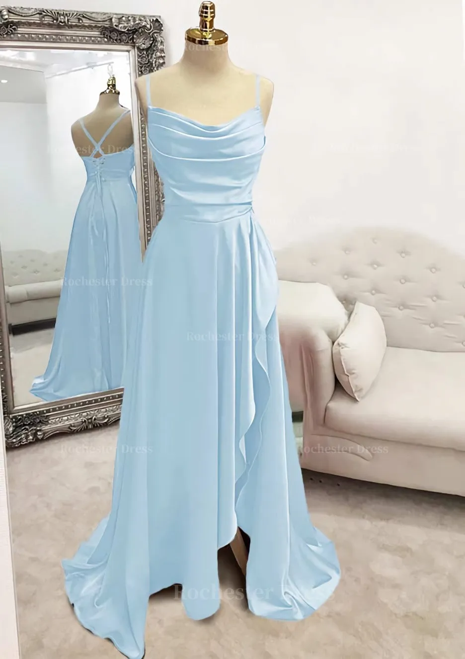 A-line Bateau Spaghetti Straps Long/Floor-Length Satin Prom Dress With Pleated Split