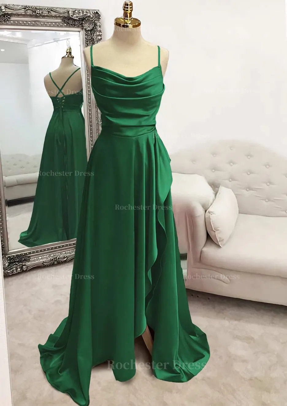 A-line Bateau Spaghetti Straps Long/Floor-Length Satin Prom Dress With Pleated Split