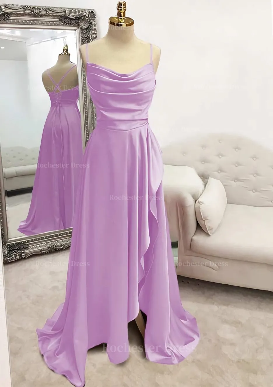 A-line Bateau Spaghetti Straps Long/Floor-Length Satin Prom Dress With Pleated Split