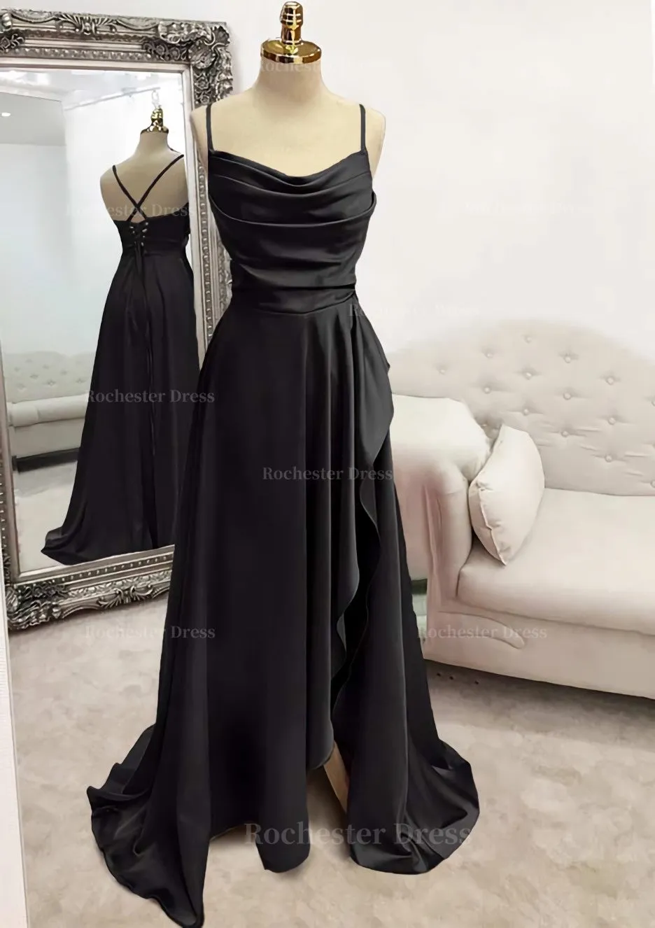 A-line Bateau Spaghetti Straps Long/Floor-Length Satin Prom Dress With Pleated Split