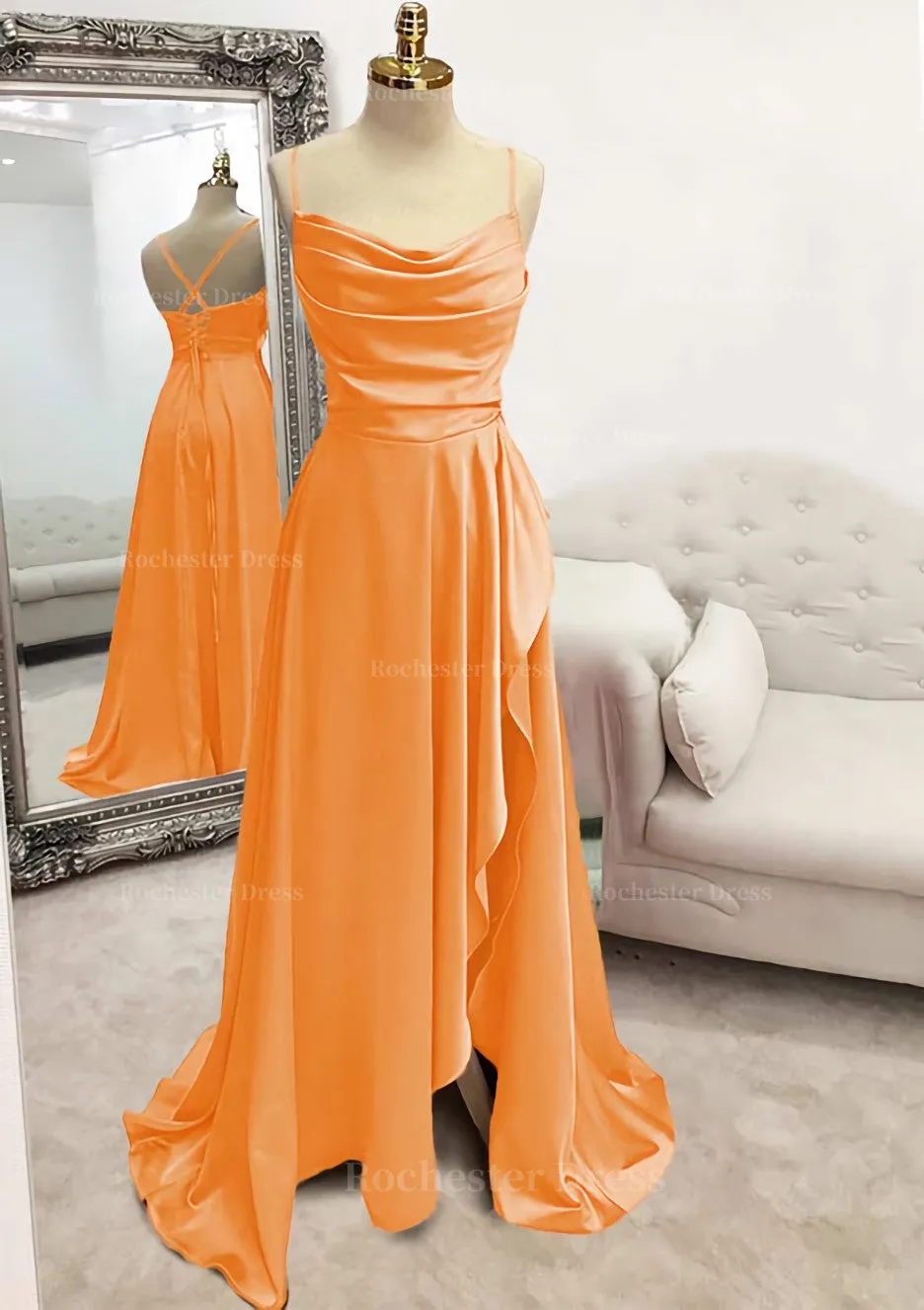 A-line Bateau Spaghetti Straps Long/Floor-Length Satin Prom Dress With Pleated Split