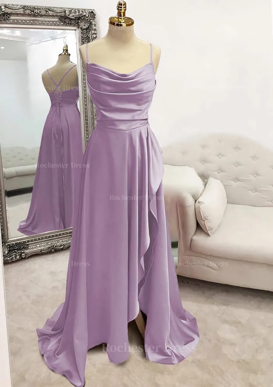 A-line Bateau Spaghetti Straps Long/Floor-Length Satin Prom Dress With Pleated Split