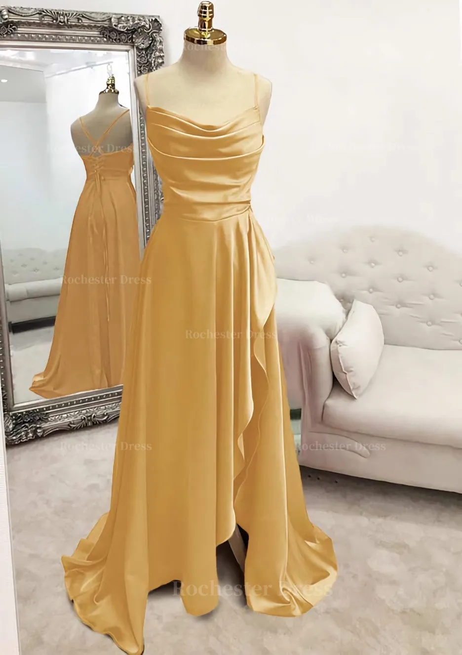 A-line Bateau Spaghetti Straps Long/Floor-Length Satin Prom Dress With Pleated Split