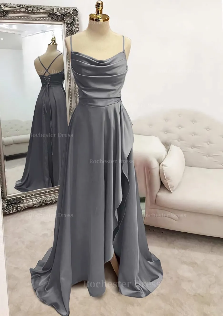 A-line Bateau Spaghetti Straps Long/Floor-Length Satin Prom Dress With Pleated Split