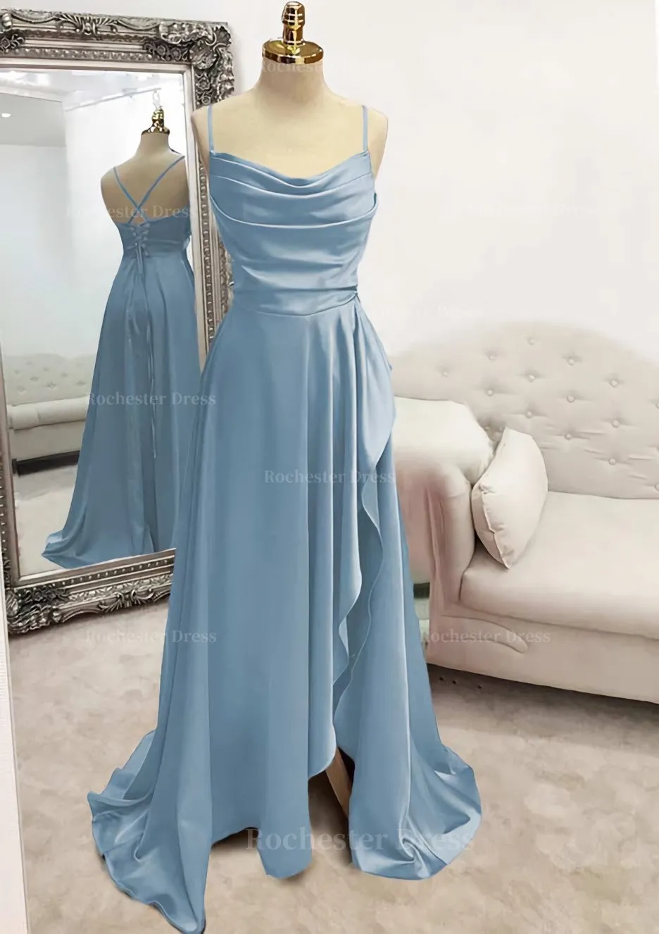 A-line Bateau Spaghetti Straps Long/Floor-Length Satin Prom Dress With Pleated Split