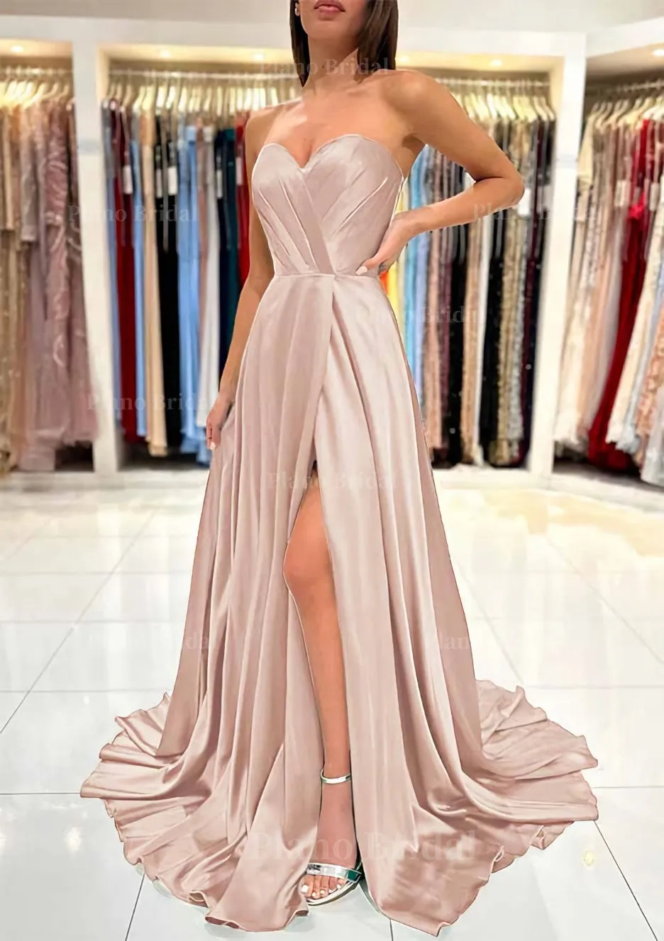 A-line Sweetheart Strapless Sweep Train Charmeuse Prom Dress With Pleated Split