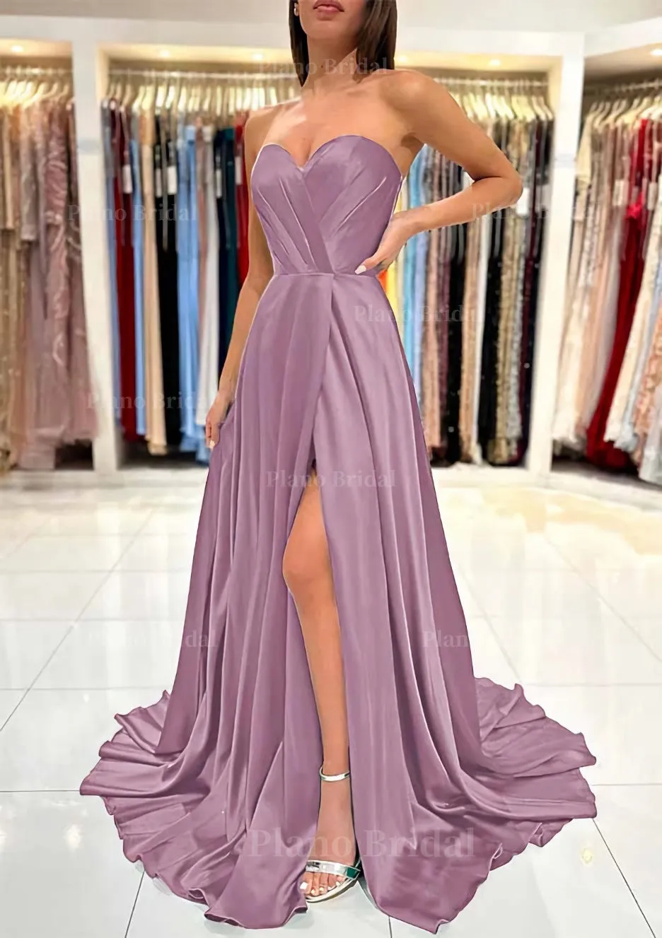 A-line Sweetheart Strapless Sweep Train Charmeuse Prom Dress With Pleated Split