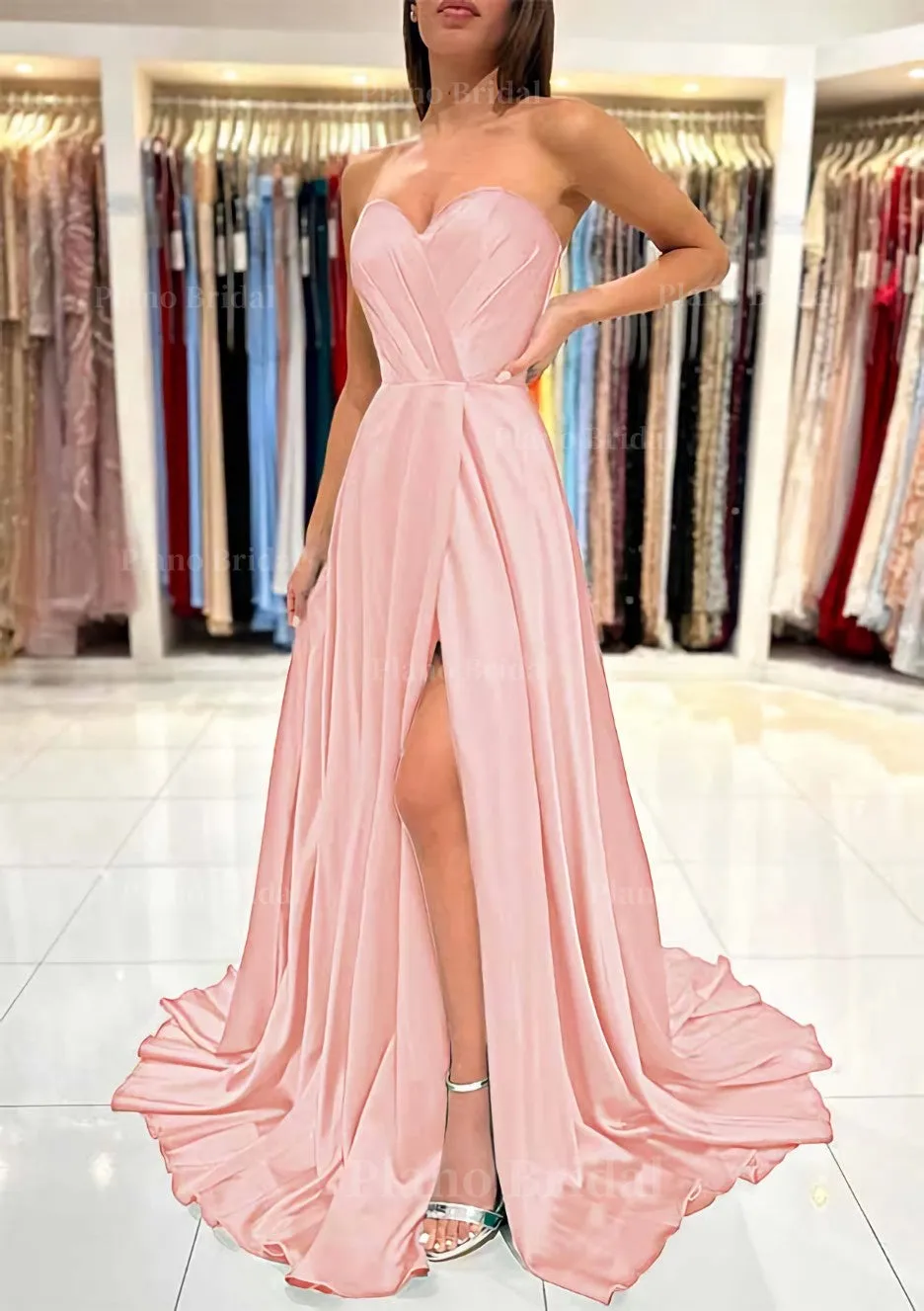 A-line Sweetheart Strapless Sweep Train Charmeuse Prom Dress With Pleated Split