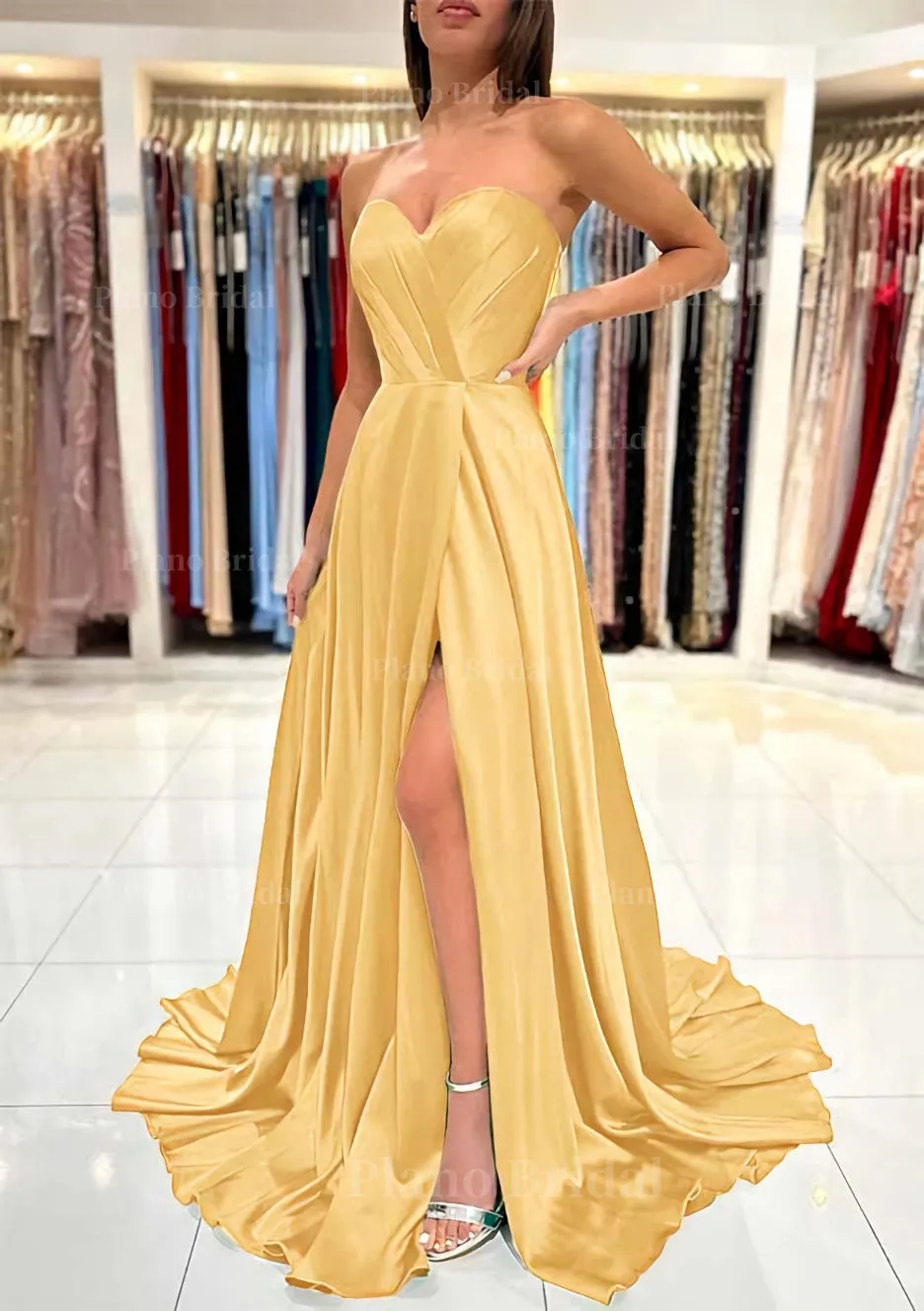 A-line Sweetheart Strapless Sweep Train Charmeuse Prom Dress With Pleated Split