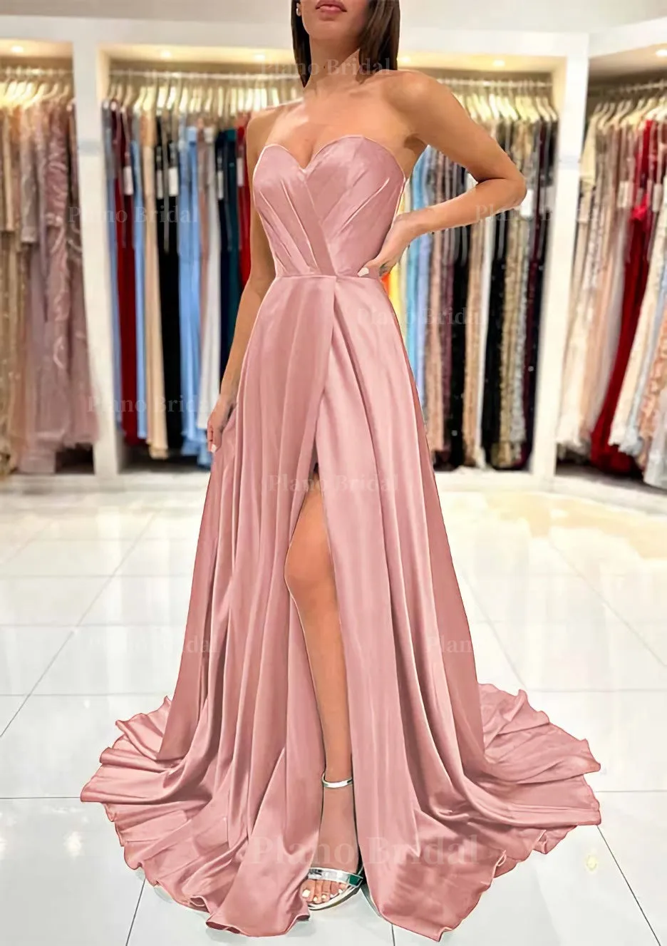 A-line Sweetheart Strapless Sweep Train Charmeuse Prom Dress With Pleated Split