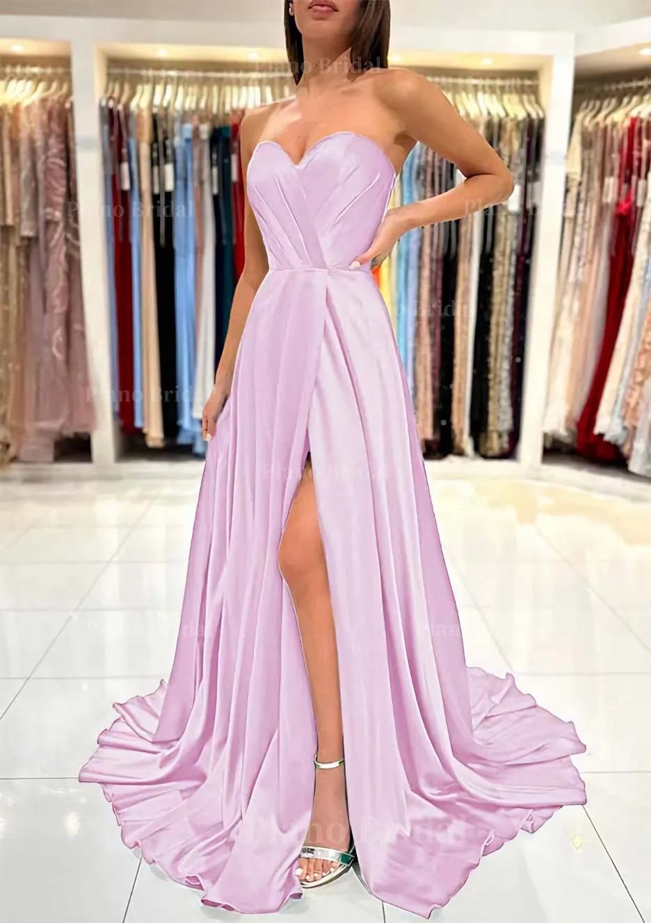 A-line Sweetheart Strapless Sweep Train Charmeuse Prom Dress With Pleated Split