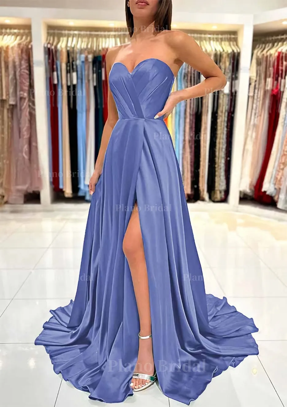 A-line Sweetheart Strapless Sweep Train Charmeuse Prom Dress With Pleated Split