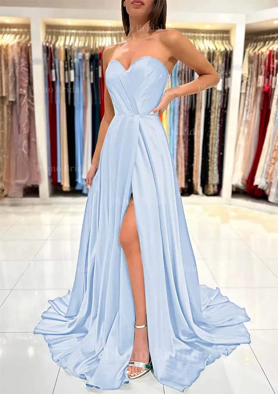 A-line Sweetheart Strapless Sweep Train Charmeuse Prom Dress With Pleated Split