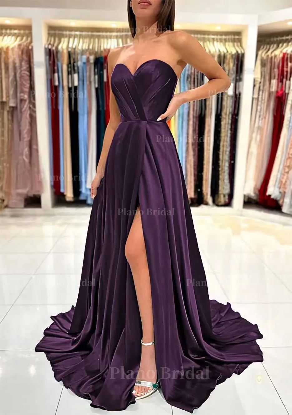 A-line Sweetheart Strapless Sweep Train Charmeuse Prom Dress With Pleated Split