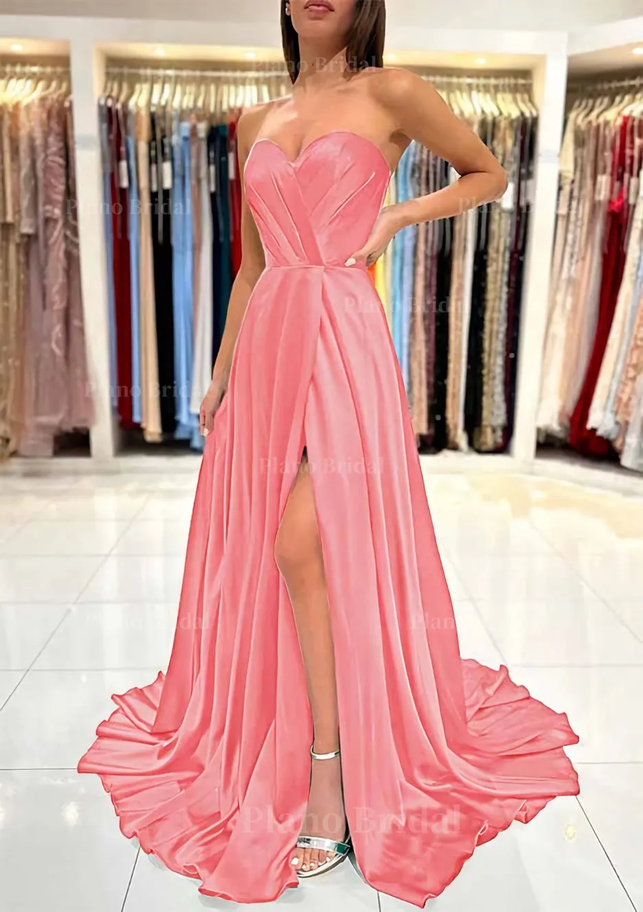 A-line Sweetheart Strapless Sweep Train Charmeuse Prom Dress With Pleated Split