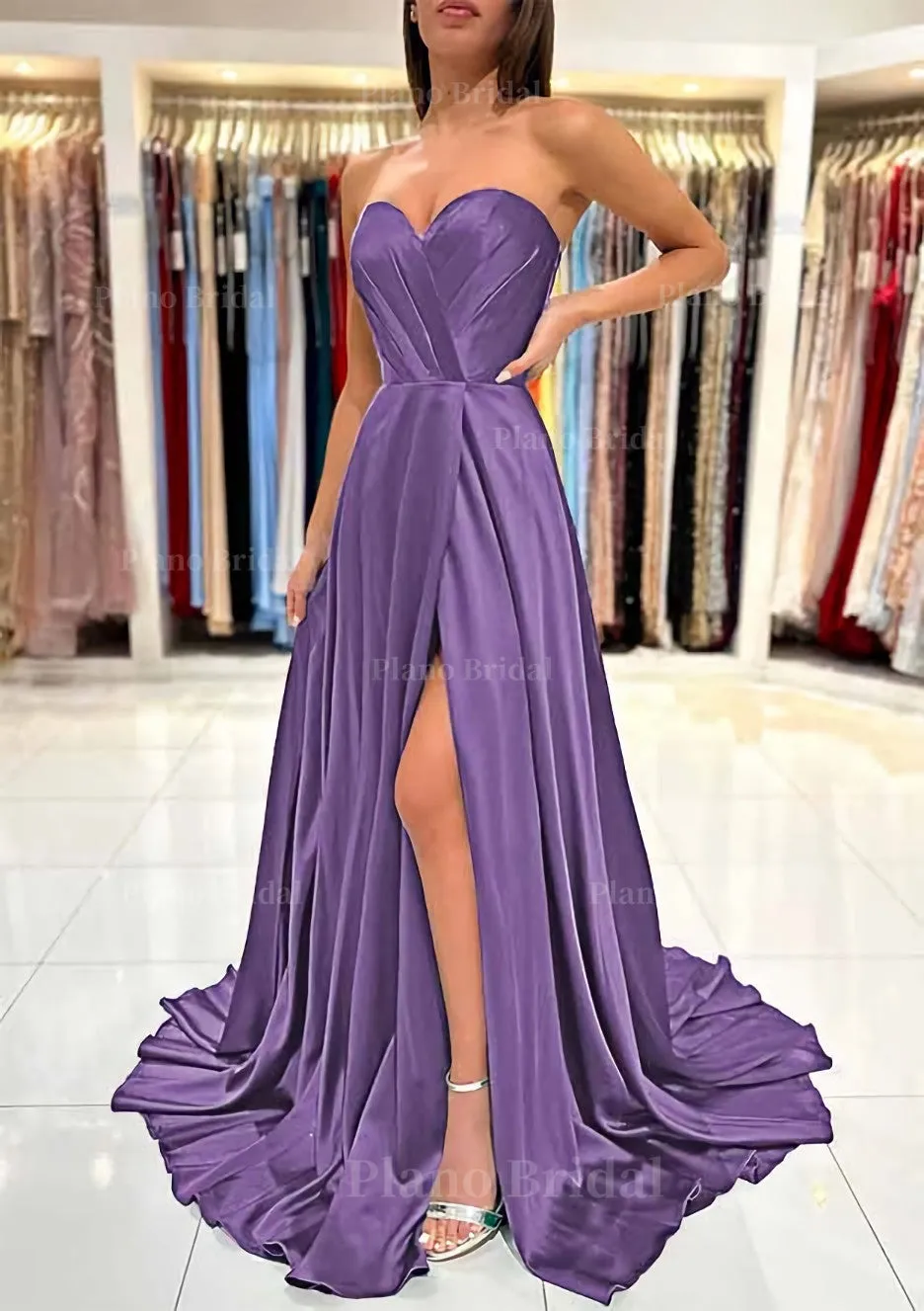 A-line Sweetheart Strapless Sweep Train Charmeuse Prom Dress With Pleated Split