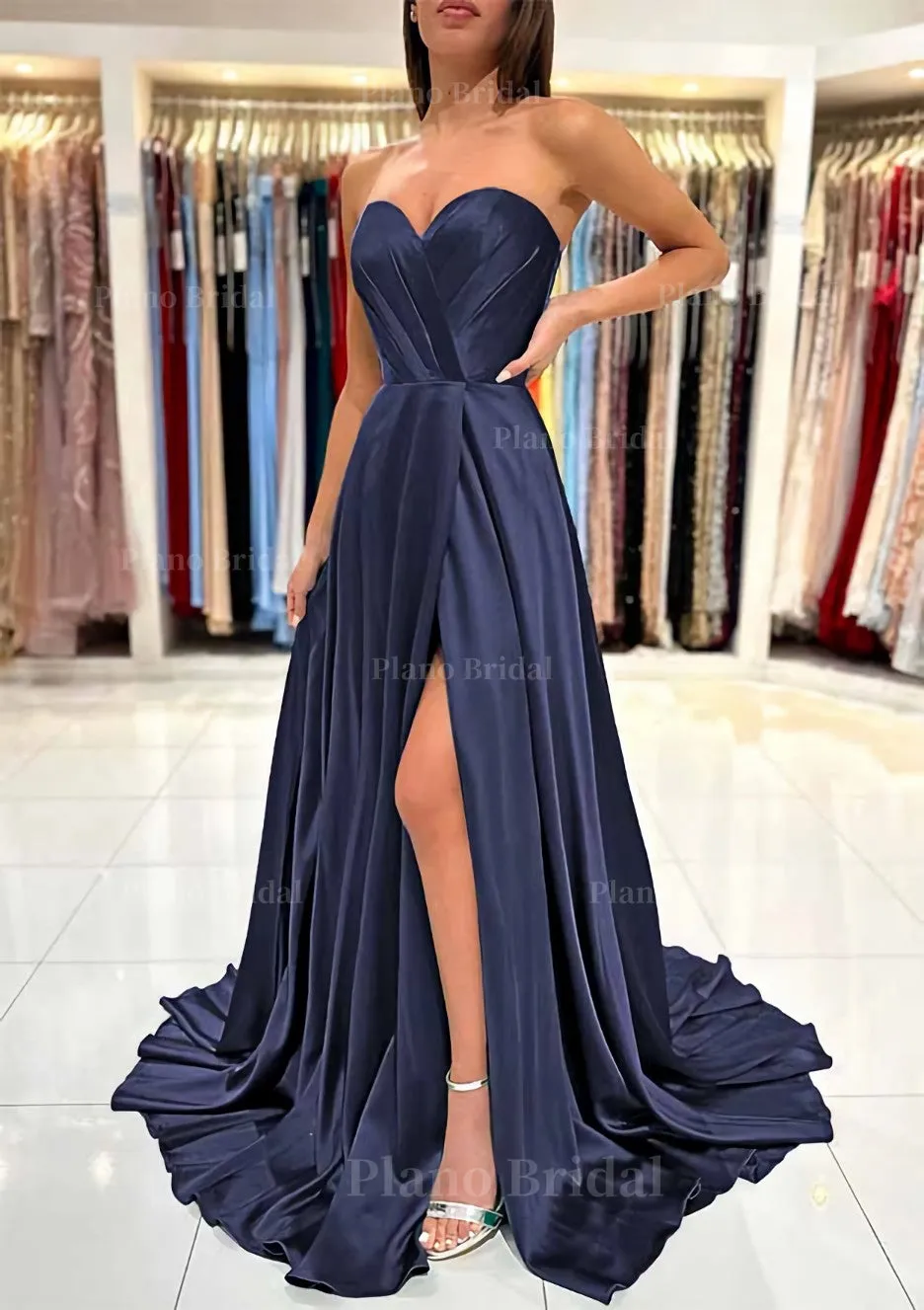 A-line Sweetheart Strapless Sweep Train Charmeuse Prom Dress With Pleated Split