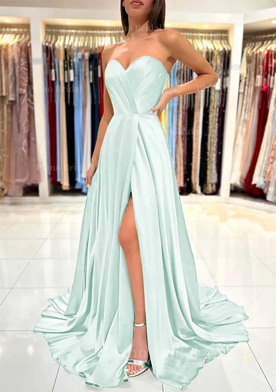 A-line Sweetheart Strapless Sweep Train Charmeuse Prom Dress With Pleated Split