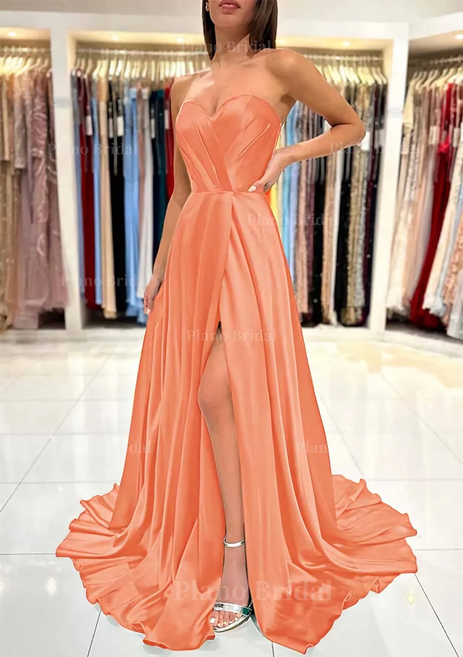 A-line Sweetheart Strapless Sweep Train Charmeuse Prom Dress With Pleated Split