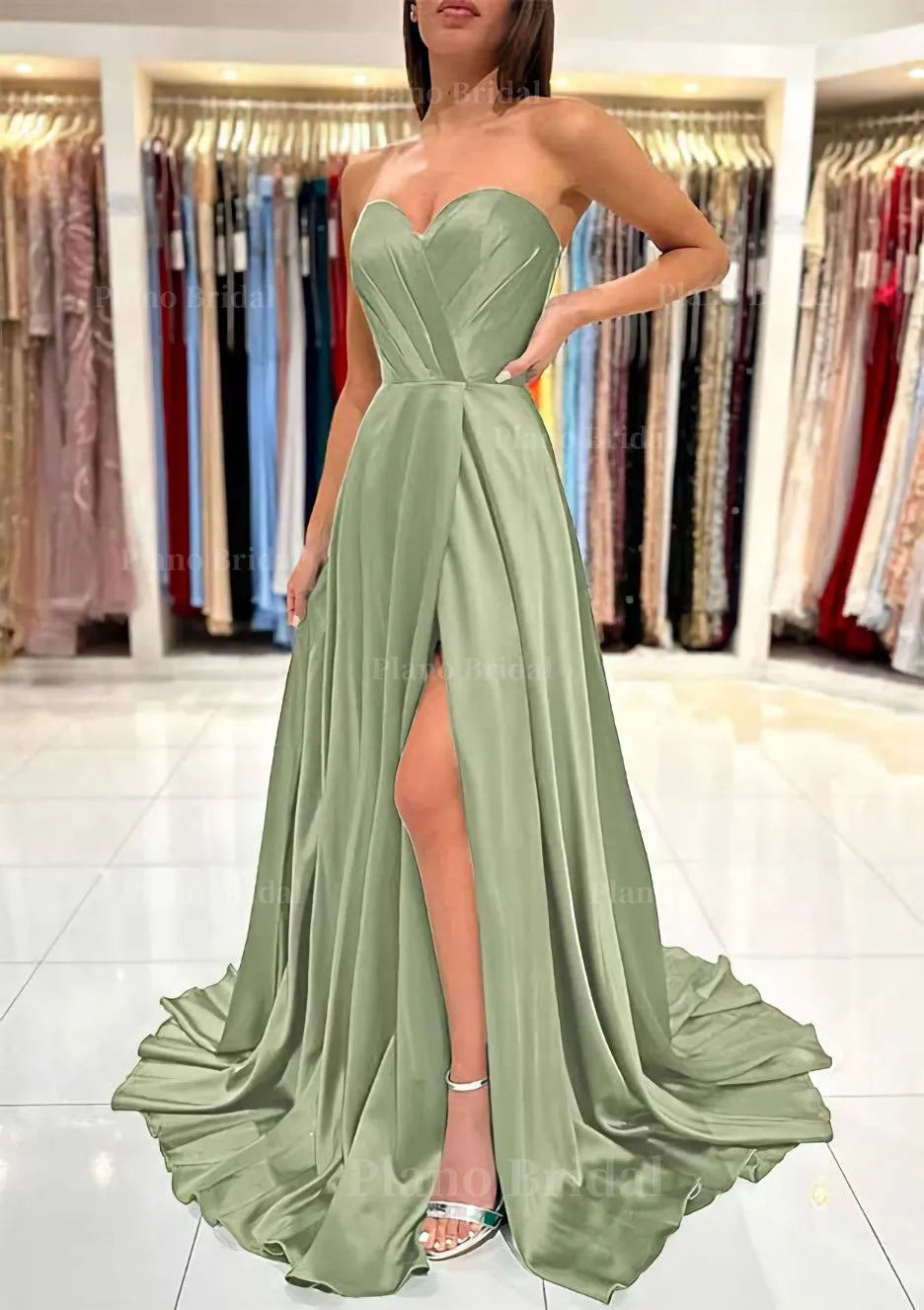 A-line Sweetheart Strapless Sweep Train Charmeuse Prom Dress With Pleated Split