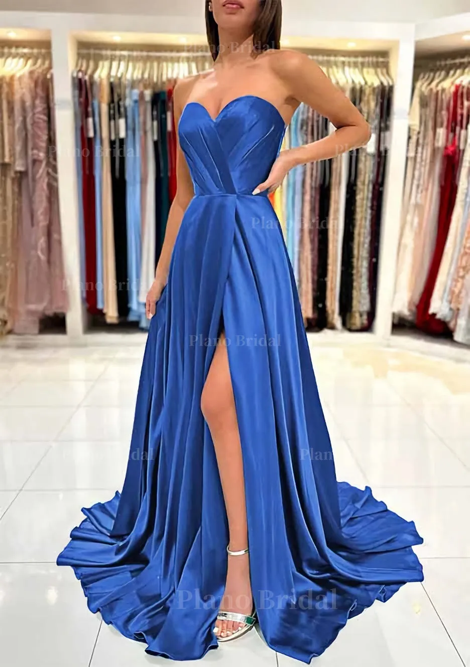 A-line Sweetheart Strapless Sweep Train Charmeuse Prom Dress With Pleated Split