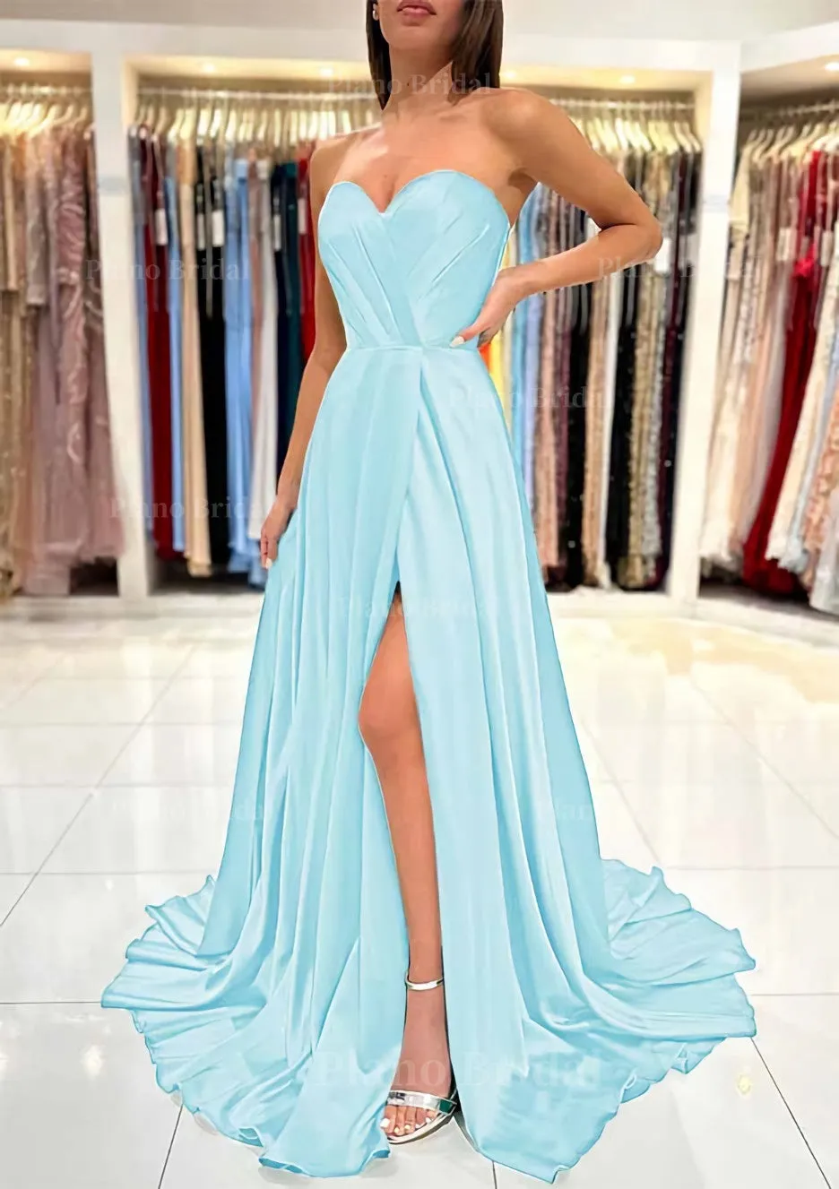 A-line Sweetheart Strapless Sweep Train Charmeuse Prom Dress With Pleated Split