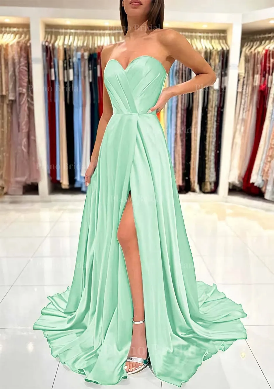 A-line Sweetheart Strapless Sweep Train Charmeuse Prom Dress With Pleated Split