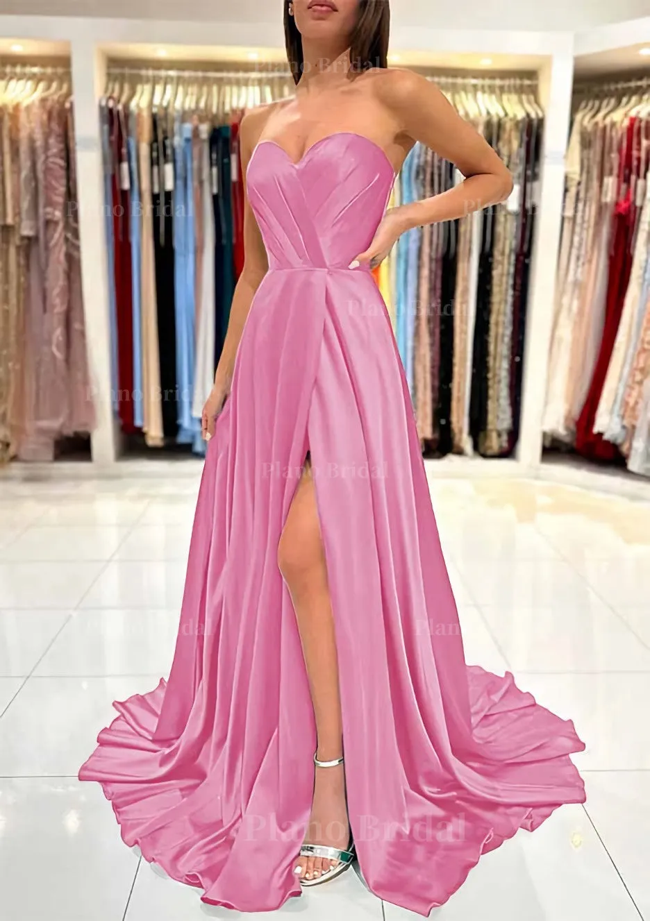 A-line Sweetheart Strapless Sweep Train Charmeuse Prom Dress With Pleated Split