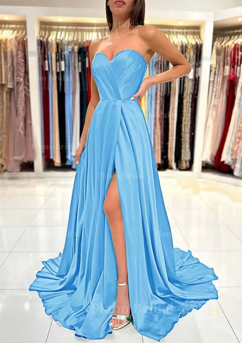 A-line Sweetheart Strapless Sweep Train Charmeuse Prom Dress With Pleated Split