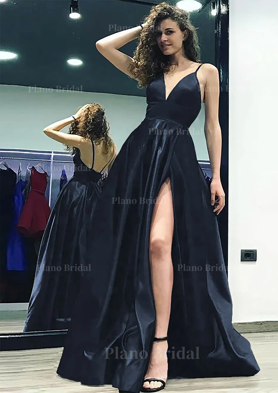 A-line/Princess V Neck Sleeveless Sweep Train Satin Prom Dress With Split