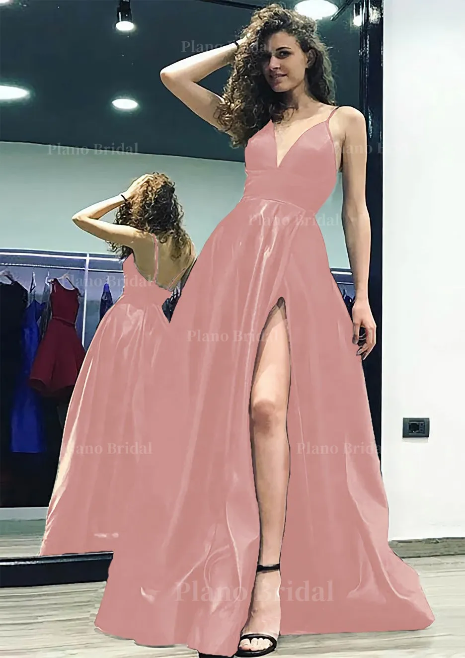 A-line/Princess V Neck Sleeveless Sweep Train Satin Prom Dress With Split