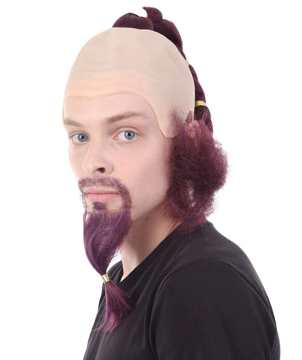 Adult Men's Genie Wig with Beard and Mustache Set, Burgundy I Breathable Bald Cap I Non-flammable Synthetic Fiber