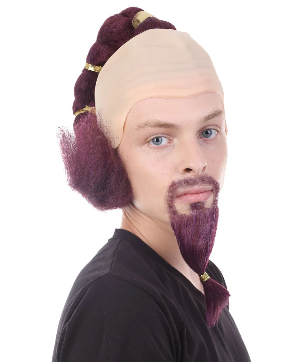 Adult Men's Genie Wig with Beard and Mustache Set, Burgundy I Breathable Bald Cap I Non-flammable Synthetic Fiber