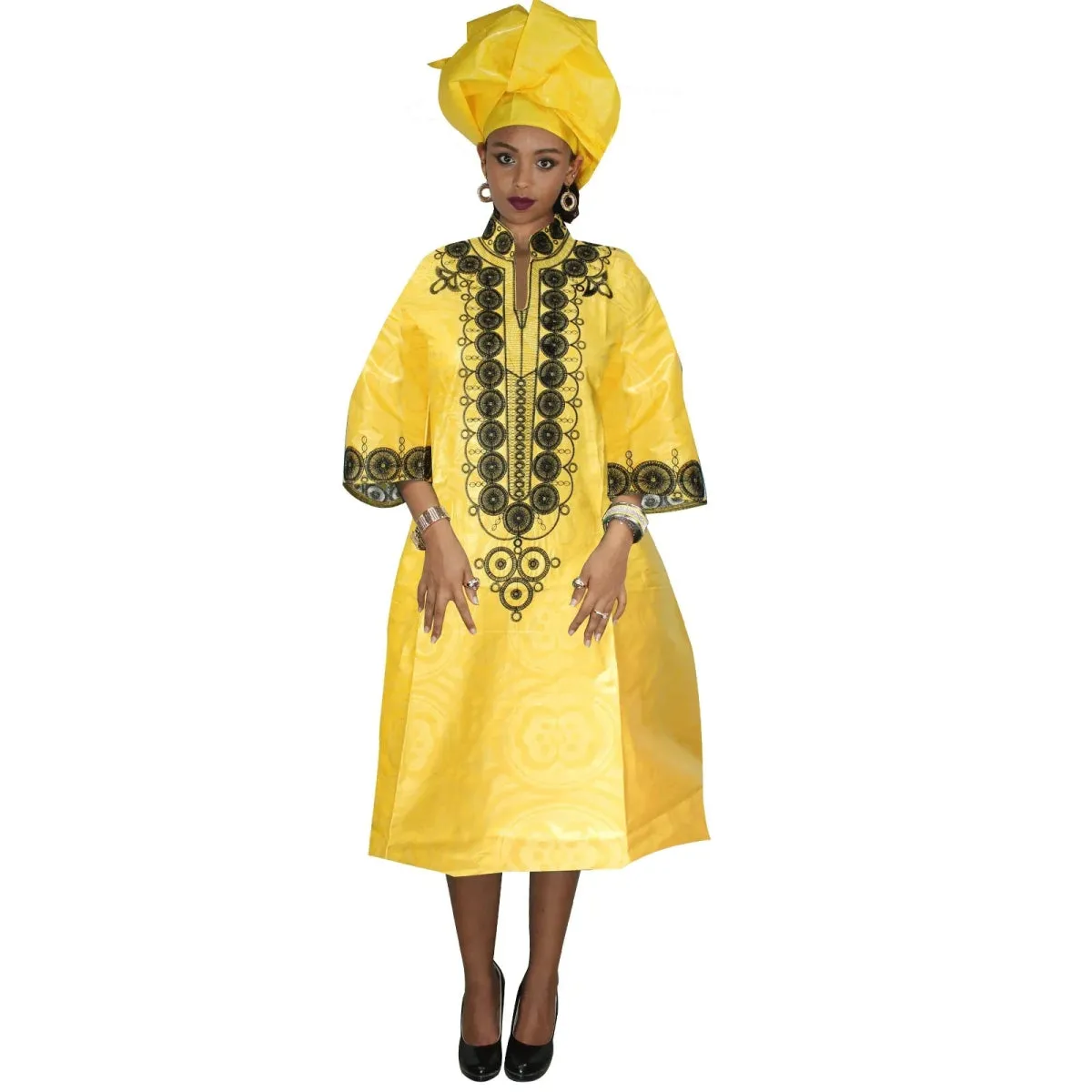 African Dresses For Woman Baizn Riche Embroidery Middle Dress With Scarf