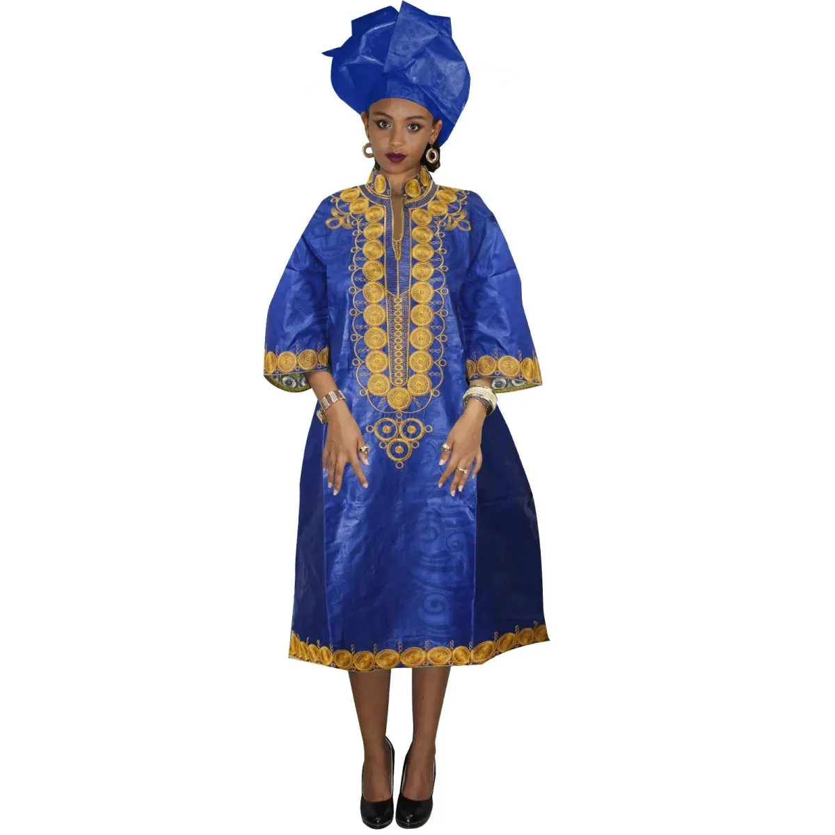 African Dresses For Woman Baizn Riche Embroidery Middle Dress With Scarf