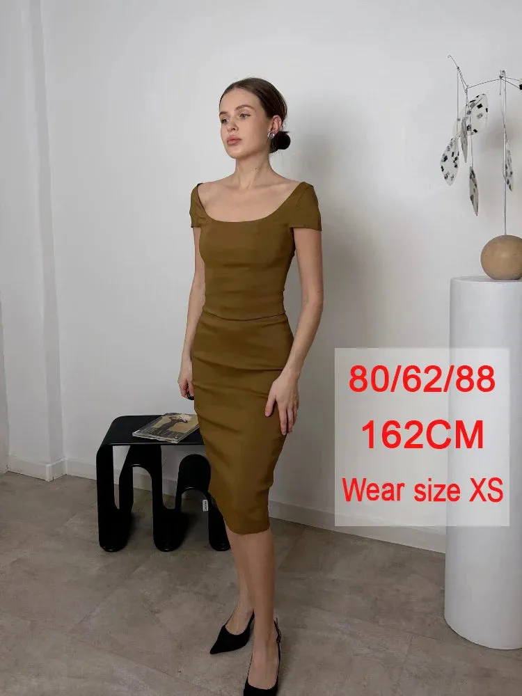 Amozae-hoco dresses  Elegant Knee Length Midi Dress Olive Green One Piece Women Dress Slim Square Neck and Cape Sleeve Office Lady Dress