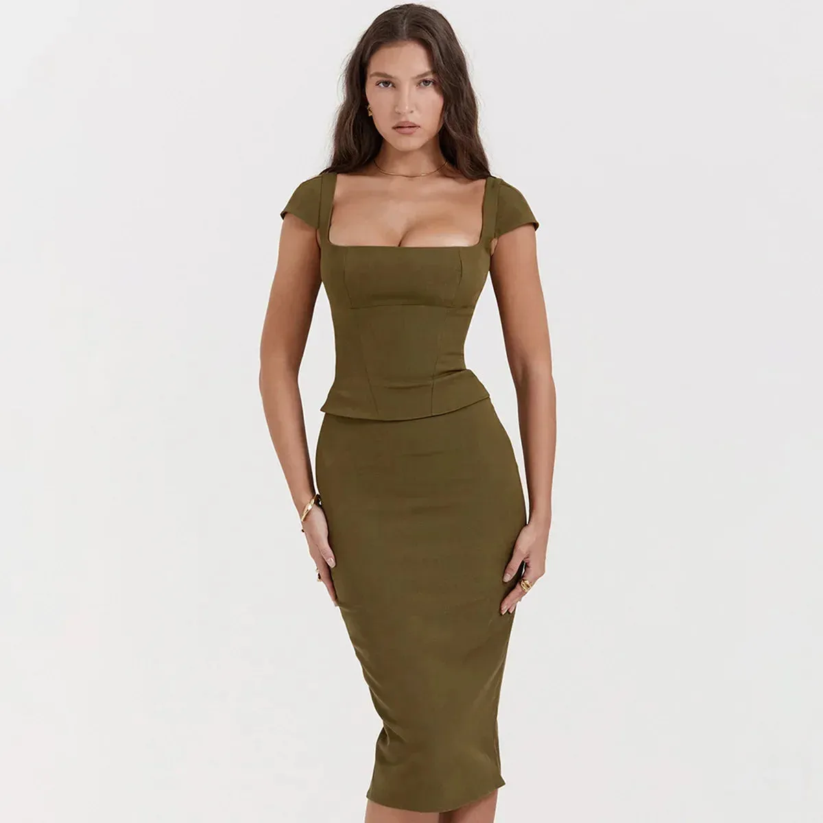 Amozae-hoco dresses  Elegant Knee Length Midi Dress Olive Green One Piece Women Dress Slim Square Neck and Cape Sleeve Office Lady Dress