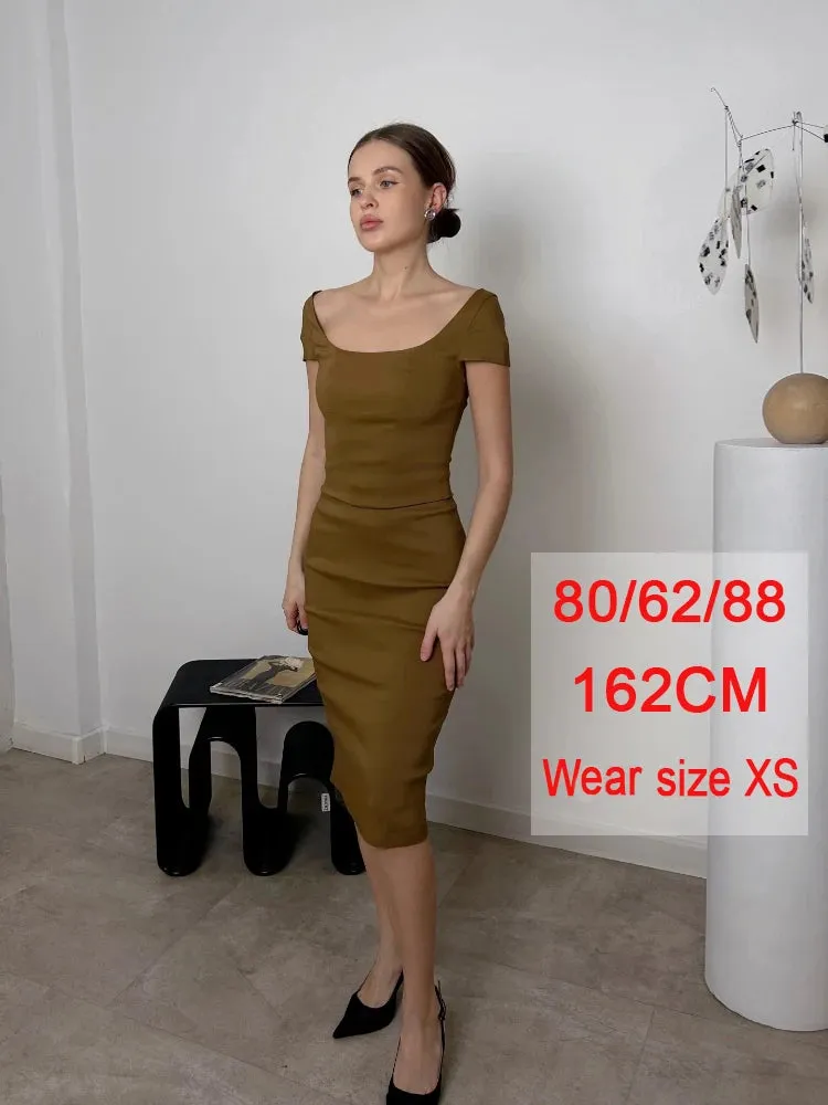 Amozae-hoco dresses Suninheart Elegant Knee Length Midi Dress Olive Green One Piece Women Dress Slim Square Neck and Cape Sleeve Office Lady Dress