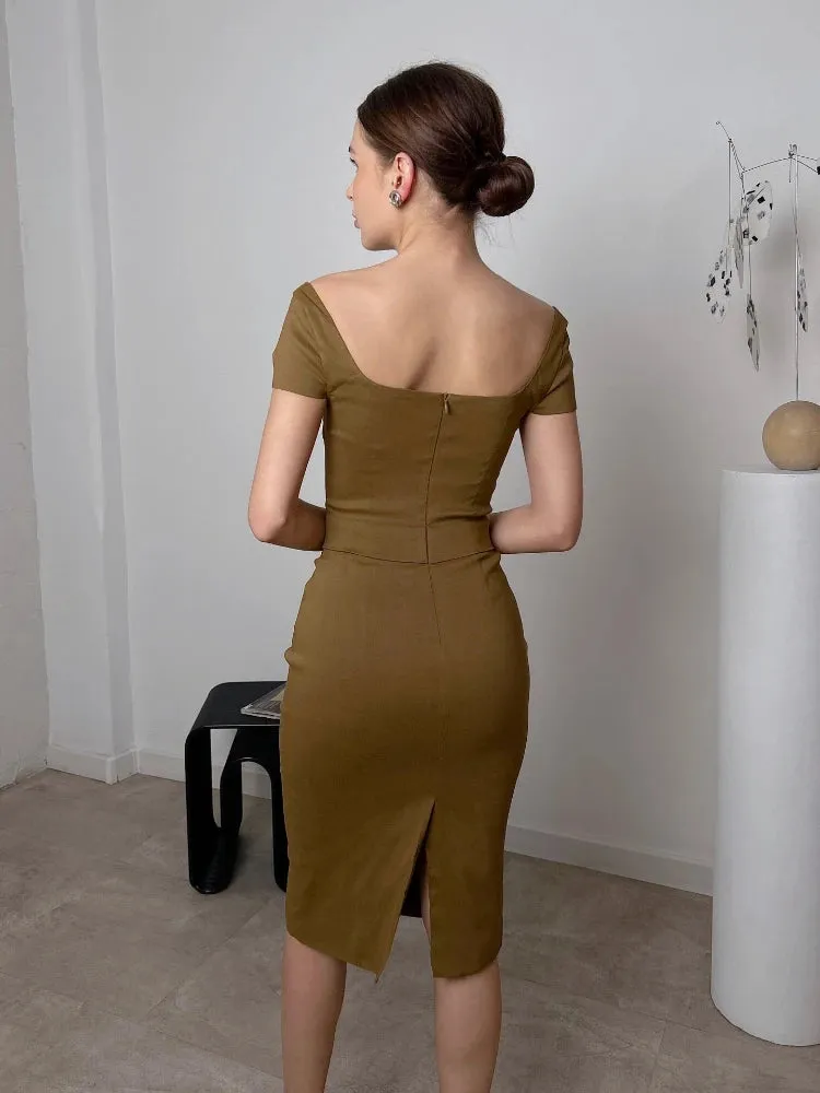 Amozae-hoco dresses Suninheart Elegant Knee Length Midi Dress Olive Green One Piece Women Dress Slim Square Neck and Cape Sleeve Office Lady Dress