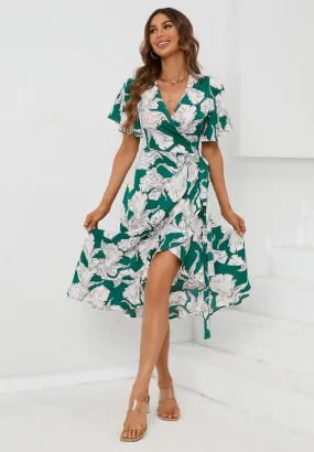 Angel Sleeve Wrap Midi Dress In Green