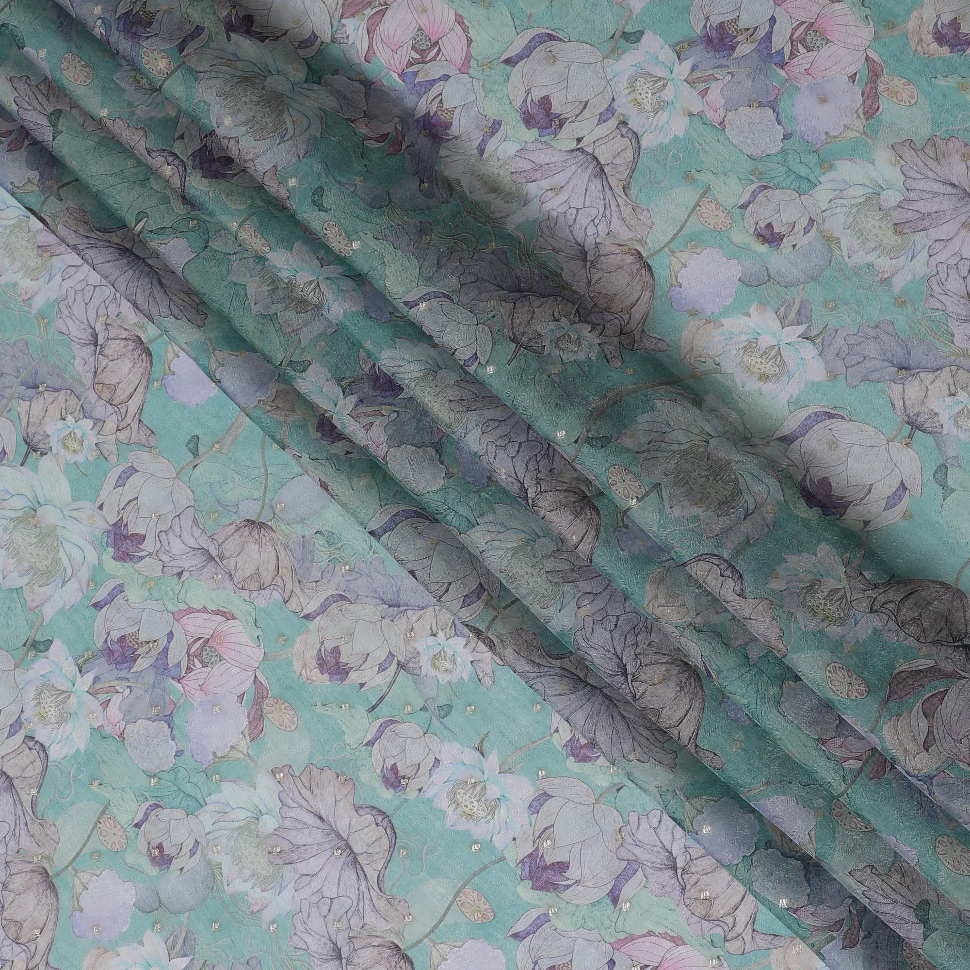 Aqua Blue and Lavender Floral Synthetic Organza Fabric - 110 cm Width, Made in India-D19641