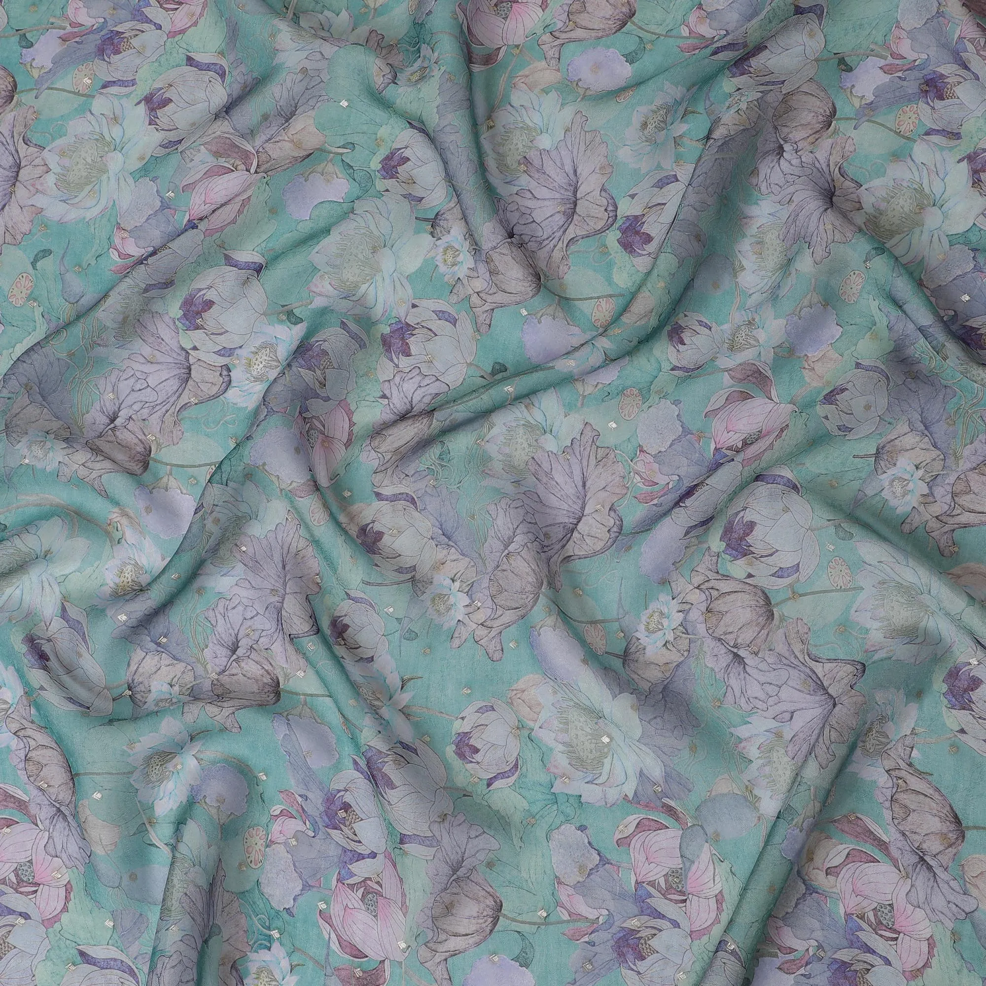 Aqua Blue and Lavender Floral Synthetic Organza Fabric - 110 cm Width, Made in India-D19641